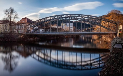Bridge over the river Mur, Waasenbrücke, long exposure, panoramic shot, Leoben, Styria, Austria,