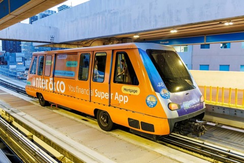 Miami Metromover People Mover train at the Riverwalk stop in Miami, USA, North America