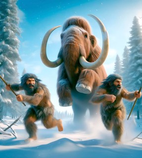 Two ice age hunters flee with spears from a mammoth (Mammuthus) in the prehistoric cold steppe