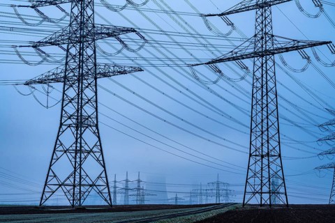 Large power line, 380 KV extra-high voltage lines, near Rommerskirchen, RWE lignite-fired power