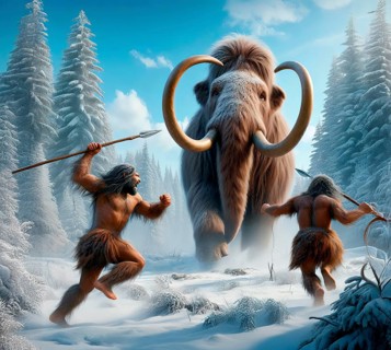 Two ice age hunters attacking a mammoth (Mammuthus) with spears in the prehistoric cold steppe