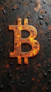 A digital currency symbol is depicted as a fiery, metallic emblem, resting on a surface strewn with