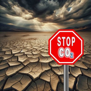 A stop sign with the inscription CO2 stands in a dry, cracked desert landscape under gloomy clouds,