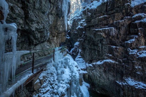 Winter, snowy landscape, icicles, river Breitach and hiking trail through the Breitachklamm gorge