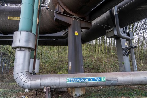 Pipelines for district heating, at the Thyssenkrupp Steel site in Duisburg Marxloh, waste heat from
