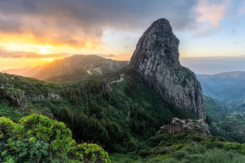 View of the Roque de Agando rock tower, one of La Gomera's landmarks, from the Mirador Roque de