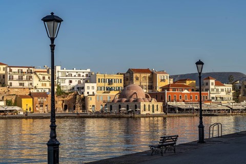 Old town with Hasan Pasha Mosque at the old Venetian harbour, Chania, Crete, Greece, Europe