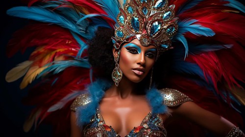 A dancer mascot adorned in a dazzling costume with feathers, immersed in the energetic atmosphere