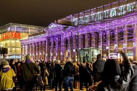 Stuttgart lights up. Long shopping night in the city centre with a light show. The Königsbau is