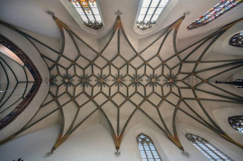 Vaults of the late Gothic church of St Martin, first built around 800, Memmingen, Bavaria, Germany,