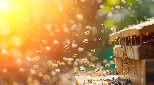 Bees gathering natural honey in beehive, AI generated
