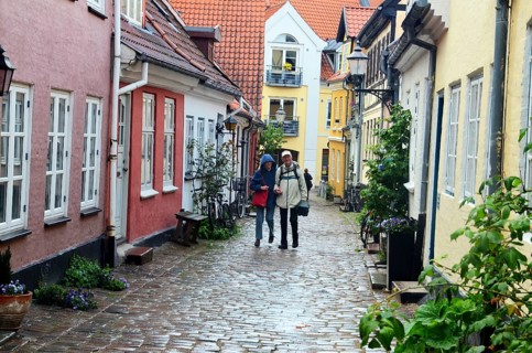 Cobbled street in the old town of Aalborg, Jutland, Denmark, Scandinavia, Europe
