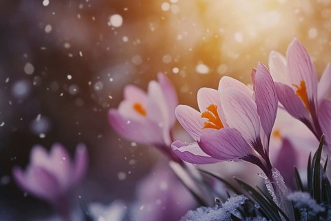 Close up of beautiful purple crocus spring flowers blooming between snow during late winter or