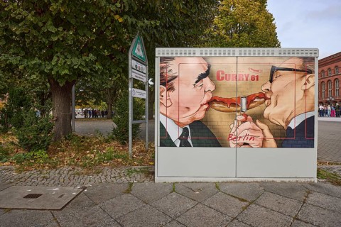 Advertising image on a distribution box, Currywurst Curry 61, Berlin, capital, independent city,