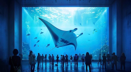 People enjoy marine underwater life in aquarium. Sharks whales Manta Rays and dolphins, AI