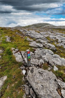 Hiking trail with markings, leads over bizarrely shaped limestone slabs in karst landscape, hills