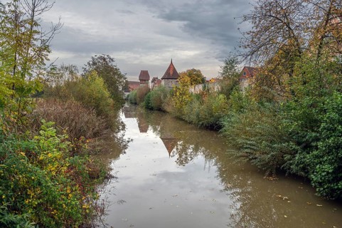 Towers of the medieval defence wall around 1200, in front the Wörnitz, Dinkelsbühl, Bavaria,