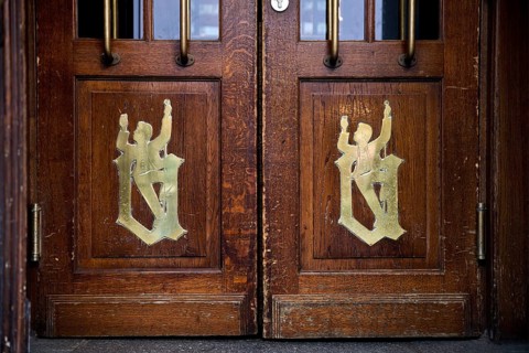 Uerige Obergärige Hausbrauerei, entrance door with logo to the Zum Uerige restaurant, Düsseldorf,
