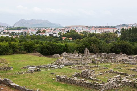 High angle view of old stone wall structures at ancient 3rd century Roman ruins of Salona near