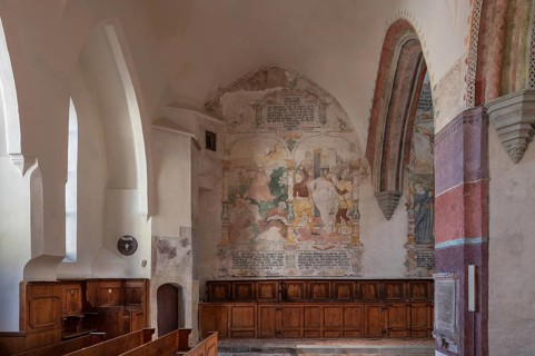 Frescoes from around 1450 in the High Gothic church of St Martin, Memmingen, Bavaria, Germany,