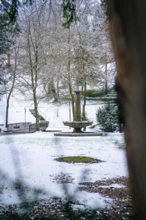 Snow-covered park landscape with a central fountain and surrounding trees, spa garden, Bad Wildbad,