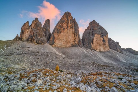 Three Peaks in autumn, blue sky and sunset, Sesto Dolomites, South Tyrol, Italy, Europe