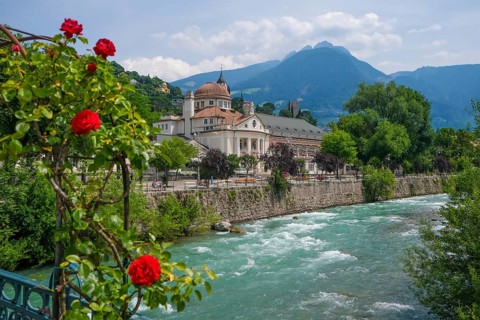 Merano, South Tyrol, Italy, spa hotel on the river Passer, on the Passer promenade in the old town