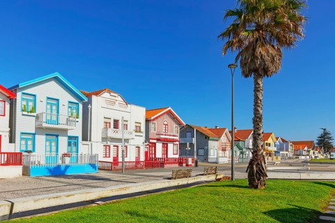 Traditional wooden striped houses, Costa Nova do Prado, Aveiro, Portugal, Europe