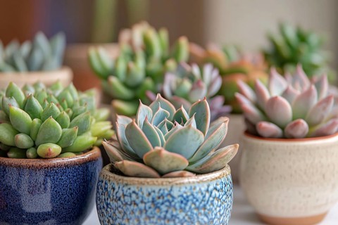 Different small succulent house plants in flower post. Generative AI, AI generated