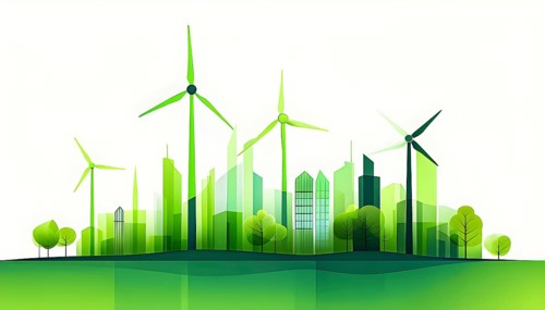 Abstract visual illustration of a city skyline where buildings morph into wind turbines and trees,
