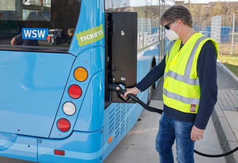 Herten, North Rhine-Westphalia, Germany - Wuppertal hydrogen bus fills up with H2 hydrogen at an H2