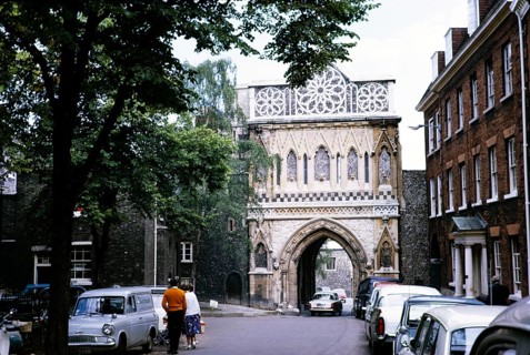 Arched entrance to Norwich Cathedral, Norfolk, England 1966
