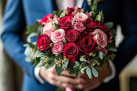 Flower bouquet with pink and red roses held by man in elegant suit. Generative ai, AI generated