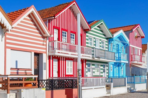 Traditional wooden striped houses, Costa Nova do Prado, Aveiro, Portugal, Europe