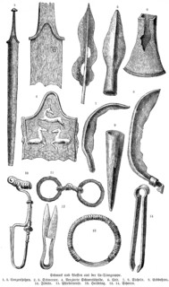 Iron Age jewellery and weapons from the La Tène site, Epagnier, Lake Neuchâtel, spearhead, sword,