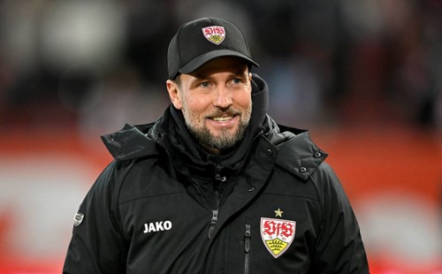 Coach Sebastian Hoeneß VfB Stuttgart portrait smiling WWK Arena, Augsburg, Bavaria, Germany, Europe