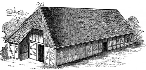 Saxon half-timbered house, dwelling house with stables, roof shingles, plank door, hayloft,
