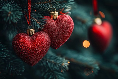 Close up of heart shaped red Christmas bauble ornament on tree. Generative AI, AI generated