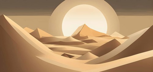 Abstract desert scene with triangular sand dunes and a single circular sun, using sharp lines and