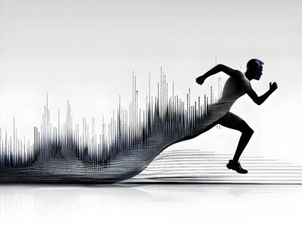 Wave of data points shaping into a runners silhouette, abstract illustration in black and white,