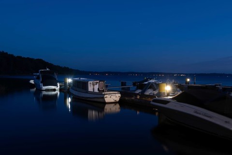 Motorboats on Lake Plau, Ganzlin, Mecklenburg-Western Pomerania, Germany, Europe