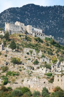 Byzantine ruined city of Mystras or Mistra on the Taygetos Mountains, UNESCO World Heritage Site,