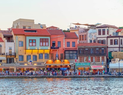 The Venetian Harbour at dusk, Chania, Crete, Greek Islands, Greece, Europe