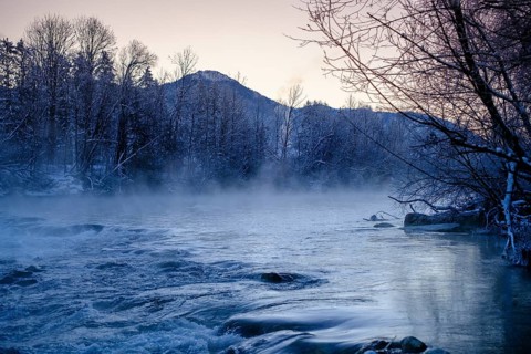 Sunrise on the Isar, Isar floodplains in winter, near Arzbach, Lenggries, Upper Bavaria, Bavaria,