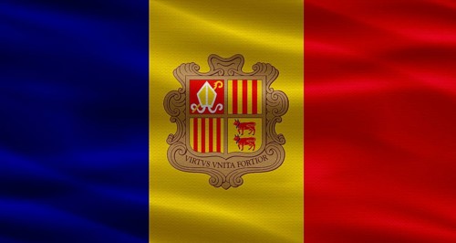 Andorra flag with fabric texture waving. Close up of flag of Andorra with cloth texture