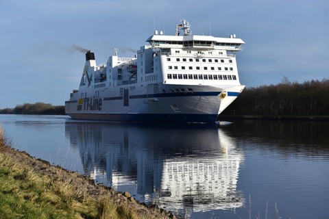 RoPax ship, ferry, ferry Akka travelling through the Kiel Canal, NOK, Kiel Canal,
