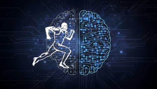 Abstract brain split into two halves, one side athletic motion, the other side neural network,