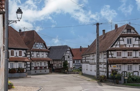 Main street with half-timbered houses, Hunspach, Alsace, France, Europe