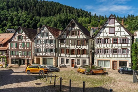 Half-timbered houses on the market square in Schiltach, Black Forest, Baden-Württemberg, Germany,
