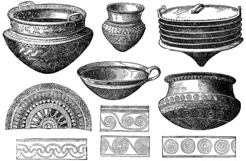 Bronze bowls and hanging urns, urns, numerous decorations, detail, handle, Bronze Age, history of